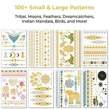 Metallic Temporary Tattoos for Women Teens Girls - 8 Sheets Gold Silver Temporary Tattoos Glitter Shimmer Designs Jewelry Tattoos - 100+ Color Flash Fake Waterproof Tattoo Stickers (Aruba)