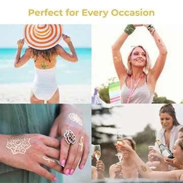 Metallic Temporary Tattoos for Women Teens Girls - 8 Sheets Gold Silver Temporary Tattoos Glitter Shimmer Designs Jewelry Tattoos - 100+ Color Flash Fake Waterproof Tattoo Stickers (Aruba)