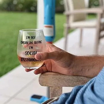 Momstir I'm Not Drinking Alone I'm Social Distancing Funny Wine Glass - Gag Gifts, Office Gifts, Funny Gifts for Friends