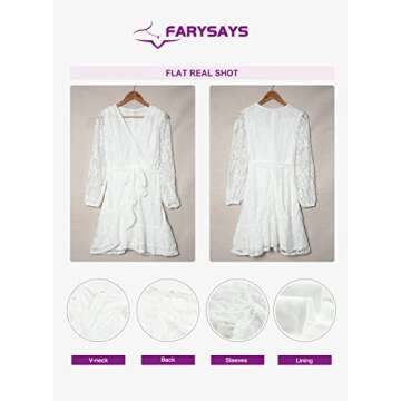 FARYSAYS Women's Lace Wrap Mini Dresses Long Sleeve Flowy Fashion 2022 Spring Boho Floral V Neck Ruffle Short Dress for Junior White Small