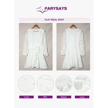 FARYSAYS Women's Lace Wrap Mini Dresses Long Sleeve Flowy Fashion 2022 Spring Boho Floral V Neck Ruffle Short Dress for Junior White Small