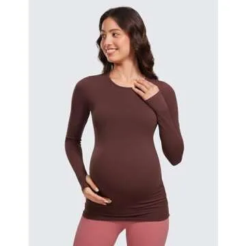 CRZ YOGA Womens Butterluxe Long Sleeve Maternity Tops Crewneck Pregnancy Basic Shirts Soft Athletic Yoga Casual Tee Blouses Taupe Small