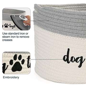 PrimePets Cotton Rope Dog Toy Basket, Small Basket with Handles, Woven Storage Bin for Dogs Pets, 15x10x9 inch Pet Basket Container Holder for Toys, White and Grey