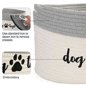 PrimePets Cotton Rope Dog Toy Basket, Small Basket with Handles, Woven Storage Bin for Dogs Pets, 15x10x9 inch Pet Basket Container Holder for Toys, White and Grey