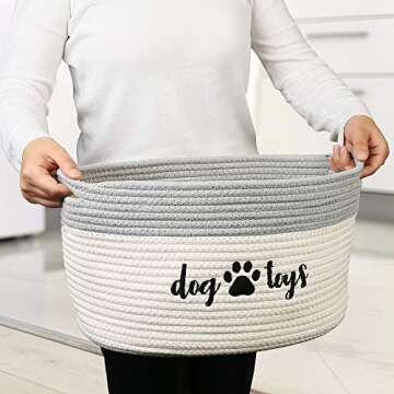 PrimePets Cotton Rope Dog Toy Basket, Small Basket with Handles, Woven Storage Bin for Dogs Pets, 15x10x9 inch Pet Basket Container Holder for Toys, White and Grey