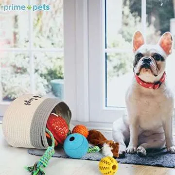 PrimePets Cotton Rope Dog Toy Basket, Small Basket with Handles, Woven Storage Bin for Dogs Pets, 15x10x9 inch Pet Basket Container Holder for Toys, White and Grey