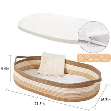 Baby Changing Basket - Moses Basket Changing Table Topper and Thick Foam Pad with Removable Cotton Mattress Cover, 100% Cotton Boho Nursery Decor with Storage Bag