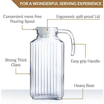 Glass Pitcher with Lid – Set of 2 Glass Water Pitcher 55Oz – Cold Carafe for Ice Tea, Water, Lemonade, Coffee – Elegant and Modern – Practical Spout Pitchers for Drinks