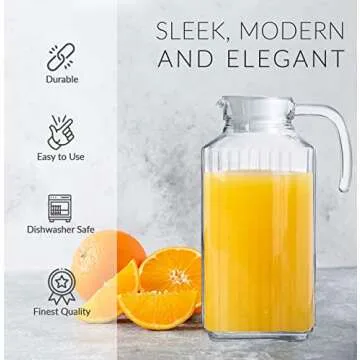 Glass Pitcher with Lid – Set of 2 Glass Water Pitcher 55Oz – Cold Carafe for Ice Tea, Water, Lemonade, Coffee – Elegant and Modern – Practical Spout Pitchers for Drinks