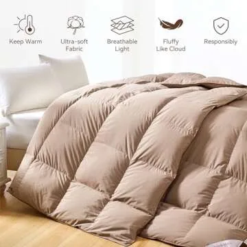 SNOWMAN All-Season 75% Down Comforter King Size, Fluffy Duvet Insert with 8 Corner Tabs, Down Proof Cotton Blended Fabric and 3D Baffle Box Construction (Khaki, 106"x90")