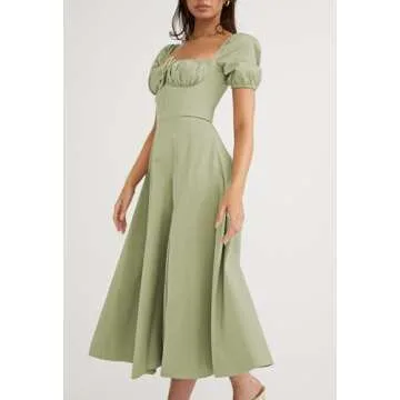 Linsery Floral Midi Dress with Puff Sleeves for Women