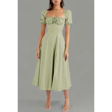 Linsery Floral Midi Dress with Puff Sleeves for Women
