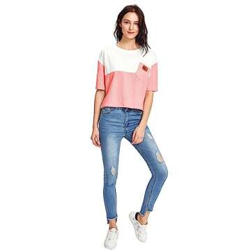 Stylish SweatyRocks Color Block Half Sleeve Tee