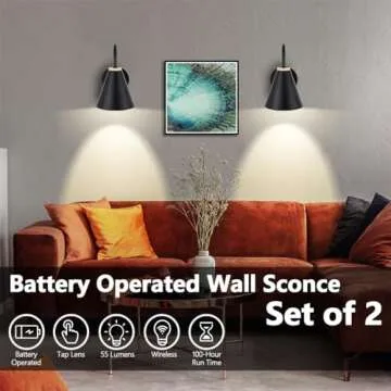 Battery Operated Black Faux-Wood Industrial Wall Sconce Set of Two, Easy to Install Not Wires, Remote Control Dimmable LED Light Bulb, Dimmable Wall Lamp Fixtures for Indoor Bedroom Farmhouse Gallery