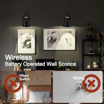 Battery Operated Black Faux-Wood Industrial Wall Sconce Set of Two, Easy to Install Not Wires, Remote Control Dimmable LED Light Bulb, Dimmable Wall Lamp Fixtures for Indoor Bedroom Farmhouse Gallery