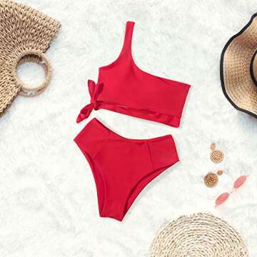 MOOSLOVER Women One Shoulder High Waisted Bikini Tie High Cut Two Piece Swimsuits(M,Red)