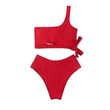 MOOSLOVER Women One Shoulder High Waisted Bikini Tie High Cut Two Piece Swimsuits(M,Red)