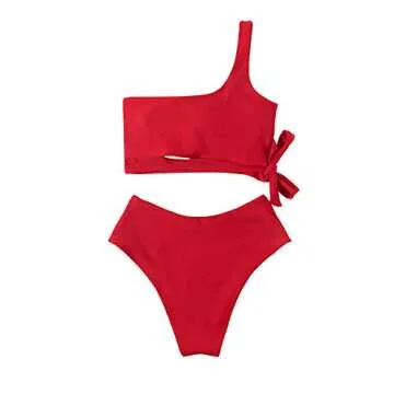 MOOSLOVER Women One Shoulder High Waisted Bikini Tie High Cut Two Piece Swimsuits(M,Red)