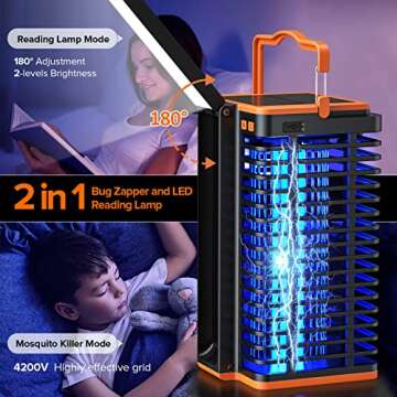 Bug Zapper Indoor Outdoor, Mosquito Trap Cordless & Rechargeable, Mosquito Zapper Solar Powered, 4200V Mosquito Killer with Reading Lamp Equipped 4000mAh Battery for Home