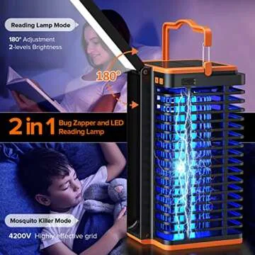 Bug Zapper Indoor Outdoor, Mosquito Trap Cordless & Rechargeable, Mosquito Zapper Solar Powered, 4200V Mosquito Killer with Reading Lamp Equipped 4000mAh Battery for Home