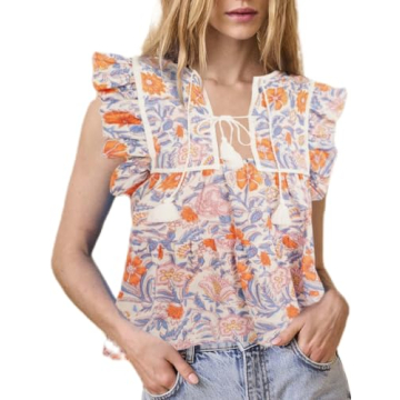 Women Boho Tie Front Peplum Top Floral Print Flowy Fringe Shirt Square Neck Ruffle Tank Top Going Ou...