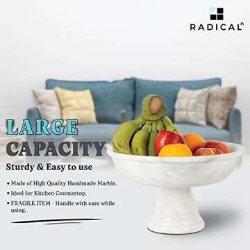 Radicaln Marble Fruit Bowl White 12" inch Handmade Simple Modern Kitchen Décor Bowl - Fruit and Vegetable Storage Kitchen Table Serving Bowls - Ideal Kitchen Accessories