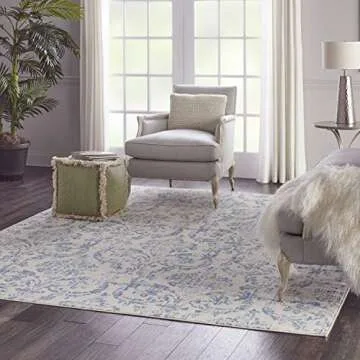Nourison Jubilant Damask Ivory/Blue 7' x 10' Area Rug, Easy Clean, Non Shedding, Bed Room, Living Room, Dining Room, Kitchen (7x10)