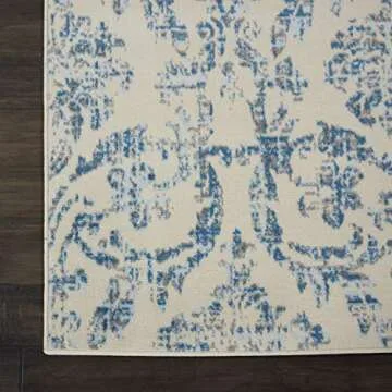 Nourison Jubilant Damask Ivory/Blue 7' x 10' Area Rug, Easy Clean, Non Shedding, Bed Room, Living Room, Dining Room, Kitchen (7x10)