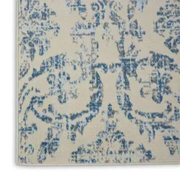 Nourison Jubilant Damask Ivory/Blue 7' x 10' Area Rug, Easy Clean, Non Shedding, Bed Room, Living Room, Dining Room, Kitchen (7x10)