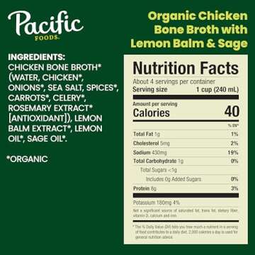 Pacific Foods Organic Chicken Bone Broth With Lemon Balm and Sage, 32 oz Carton