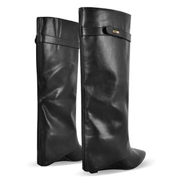 LISHAN Women's Wedge Knee High Boots Pointed Closed Toe Foldover Under the Knee High Boots Pull On S...