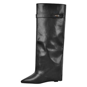 LISHAN Women's Wedge Knee High Boots Pointed Closed Toe Foldover Under the Knee High Boots Pull On Slouchy High Heels Solid Color Pant Boots Party Dress Shoes Black Size 9