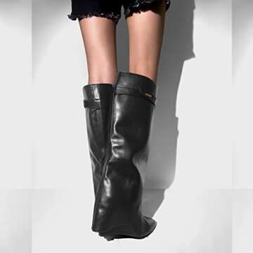 LISHAN Women's Wedge Knee High Boots Pointed Closed Toe Foldover Under the Knee High Boots Pull On Slouchy High Heels Solid Color Pant Boots Party Dress Shoes Black Size 9