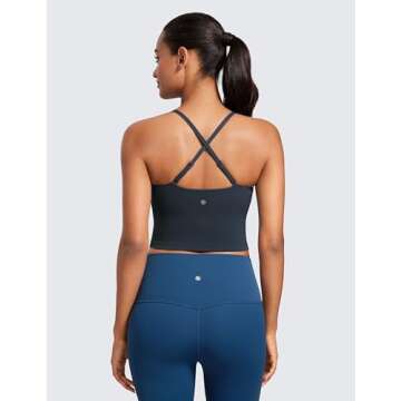 CRZ YOGA Butterluxe Adjustable Longline Sports Bras for Women - Square Neck Padded Workout Crop Top Camisole Tank Top True Navy Small