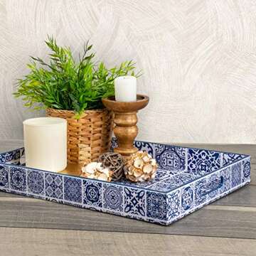Large Decorative Serving Tray for Coffee Table - Moroccan Blue and White Tray - Ottoman Tray - Home Decor - Wooden Trays with Handles - Wood Tray for Coffee Table. 17x12 inch - Handmade with Love