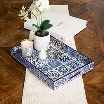 Large Decorative Serving Tray for Coffee Table - Moroccan Blue and White Tray - Ottoman Tray - Home Decor - Wooden Trays with Handles - Wood Tray for Coffee Table. 17x12 inch - Handmade with Love
