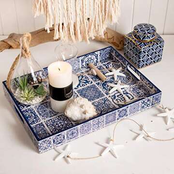 Large Decorative Serving Tray for Coffee Table - Moroccan Blue and White Tray - Ottoman Tray - Home Decor - Wooden Trays with Handles - Wood Tray for Coffee Table. 17x12 inch - Handmade with Love
