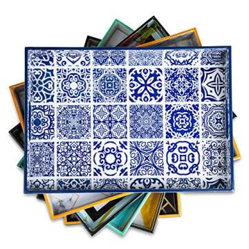 Large Decorative Serving Tray for Coffee Table - Moroccan Blue and White Tray - Ottoman Tray - Home Decor - Wooden Trays with Handles - Wood Tray for Coffee Table. 17x12 inch - Handmade with Love