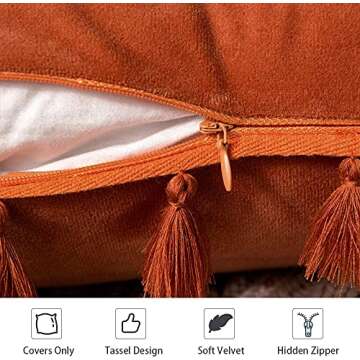 MIULEE Pack of 2 Fall Velvet Soft Decorative Throw Pillow Covers with Tassels Fringe Boho Accent Cushion Case for Couch Sofa Bed 16 x 16 Inch Orange