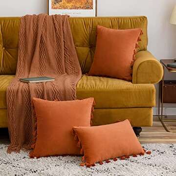 MIULEE Pack of 2 Fall Velvet Soft Decorative Throw Pillow Covers with Tassels Fringe Boho Accent Cushion Case for Couch Sofa Bed 16 x 16 Inch Orange