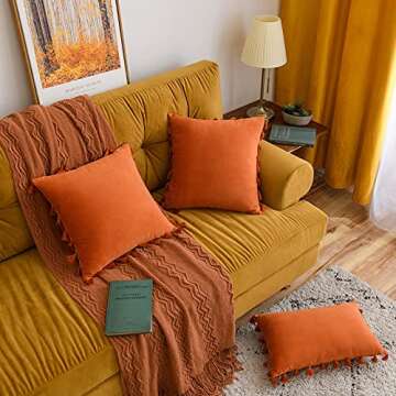 MIULEE Pack of 2 Fall Velvet Soft Decorative Throw Pillow Covers with Tassels Fringe Boho Accent Cushion Case for Couch Sofa Bed 16 x 16 Inch Orange