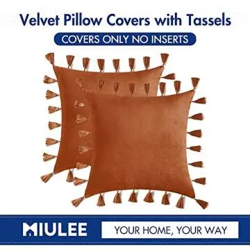 MIULEE Pack of 2 Fall Velvet Soft Decorative Throw Pillow Covers with Tassels Fringe Boho Accent Cushion Case for Couch Sofa Bed 16 x 16 Inch Orange