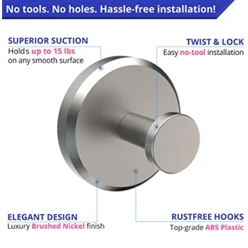 HOME SO Suction Cup Hooks for Shower, Bathroom, Kitchen, Glass Door, Mirror, Tile – Loofah, Towel, Coat, Bath Robe for Hanging up to 15 lbs – Polished Matte Chrome, Brushed Nickel (2-pack)