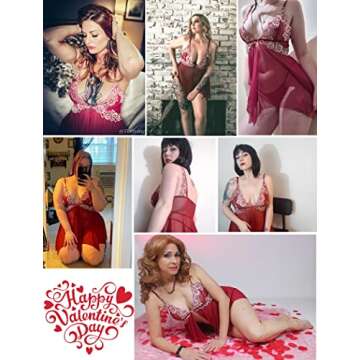 Avidlove Valentines Lingerie Set Lace Babydoll V Neck Nightwear Strap Chemise V Neck Nightgown Dark Red