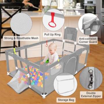 Large Playpen for Babies and Toddlers, Baby Ball Pit, Kids Play Pen, Sturdy Play Yard with Basketbal...