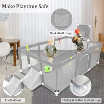 Large Playpen for Kids with Basketball Hoop and Football Nets