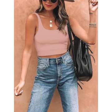 REORIA Women's Summer Sexy Basic Sleeveless Square Neck Fitted Seamless Yoga Cropped Tank Cute Crop Tops Pink Medium