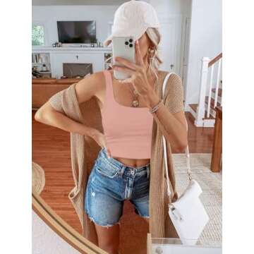 REORIA Women's Summer Sexy Basic Sleeveless Square Neck Fitted Seamless Yoga Cropped Tank Cute Crop Tops Pink Medium