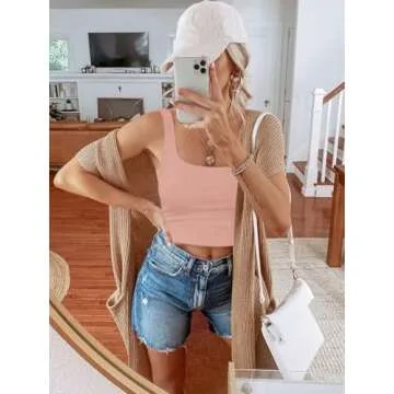 REORIA Women's Summer Sexy Basic Sleeveless Square Neck Fitted Seamless Yoga Cropped Tank Cute Crop Tops Pink Medium