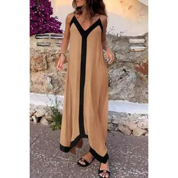 PRETTYGARDEN Women's 2025 Summer Maxi Dress Sleeveless V Neck Spaghetti Strap Flowy Elegant Holiday Party Dresses (Khaki,Medium)